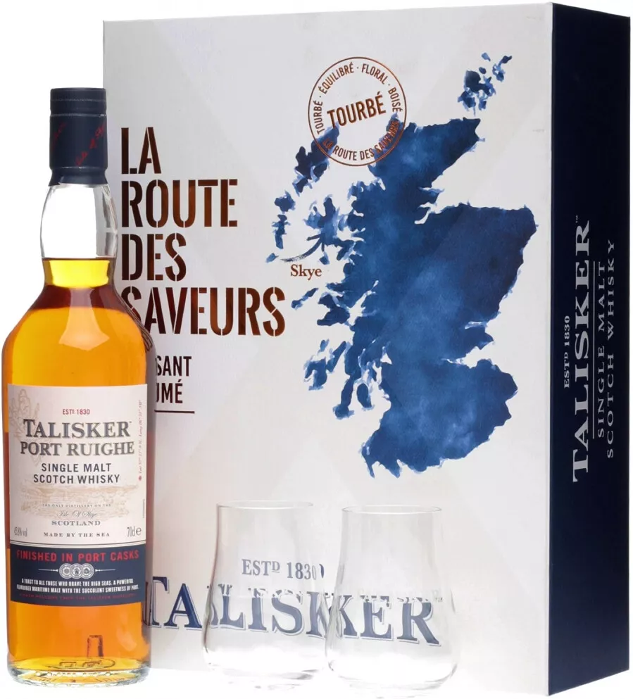 талискер порт руж виски набор с 2 бокалами в п/у 0,7 л (talisker port ruighe with 2 glasses in gift box) фото - магазин Krasnikov Wine
